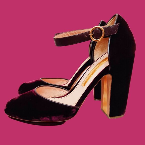 Rupert Sanderson Ravenna Burgundy Velvet Platform Heels EUR 40 US 10 Ankle Strap - Picture 1 of 9